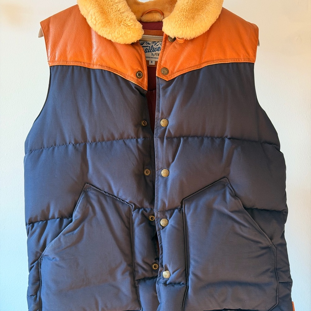 Penfield tan leather and Navy Puffer Vest with real Sheep wool Collar